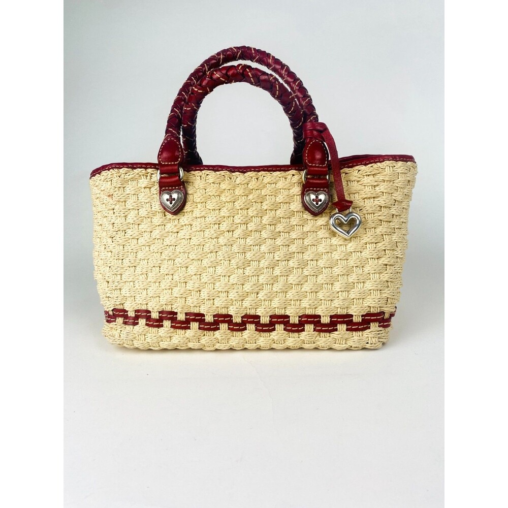 Vintage Brighton Straw Tote Bag Red Leather Trim Woven Basketweave Heart Charm